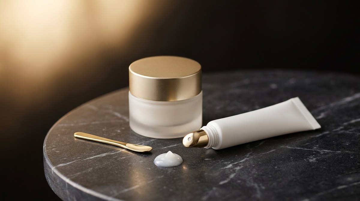 A frosted glass eye cream jar and a gold-tipped eye serum tube on a dark marble surface