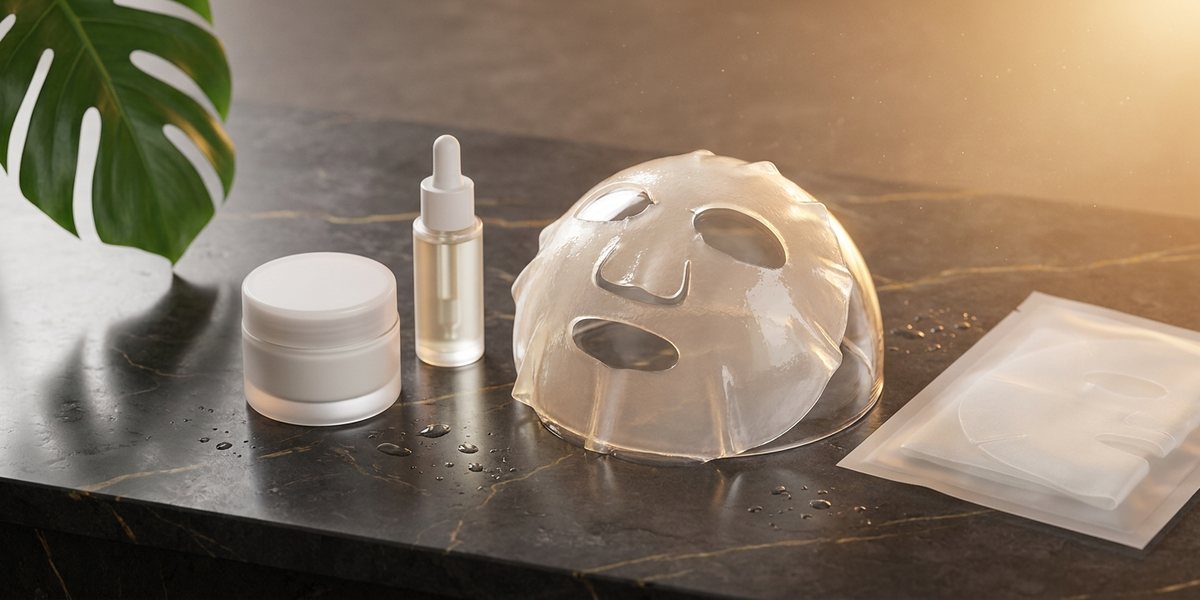 A translucent overnight collagen hydro-jelly sheet mask beside Korean skincare jars on a dark marble surface