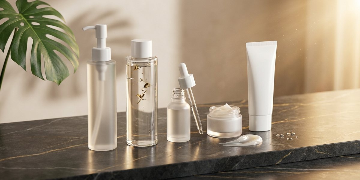A balanced set of Korean skincare for combination skin arranged on a dark marble surface