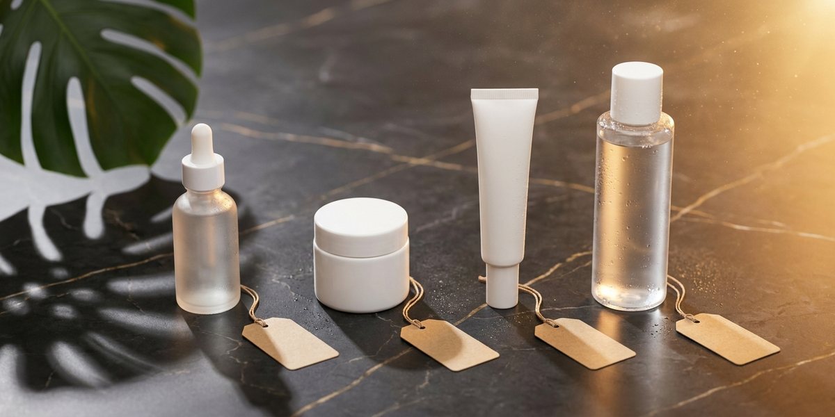 Several Korean skincare products with small blank price tags on a dark marble surface