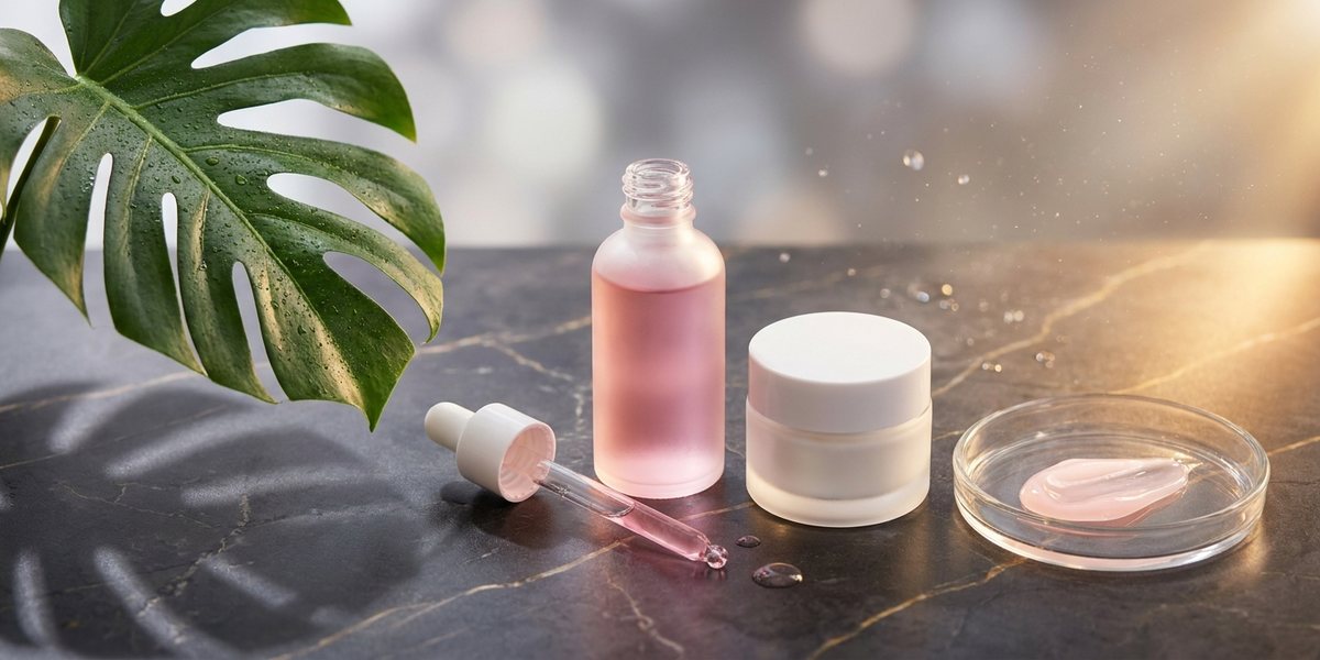 A pink-tinted PDRN serum bottle and dropper beside Korean skincare jars on a dark marble surface