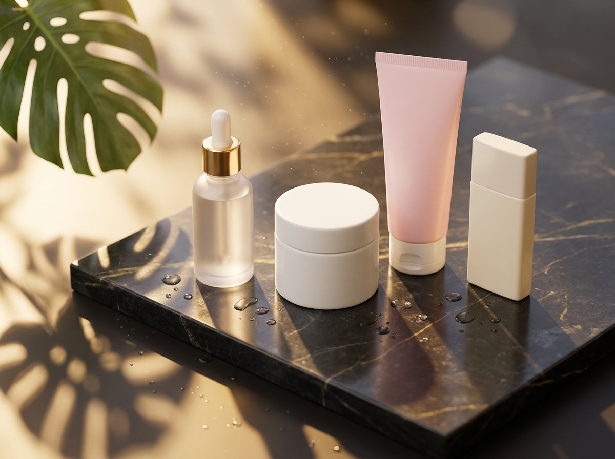Korean skincare products from UK retailers arranged on a dark marble surface